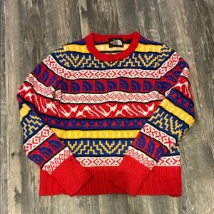The North Face Men's Red, Blue, and Yellow Patterned Crewneck Sweater